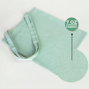 Light green fabric with a close-up of the texture and '7 oz Gabardine Fabric' label.