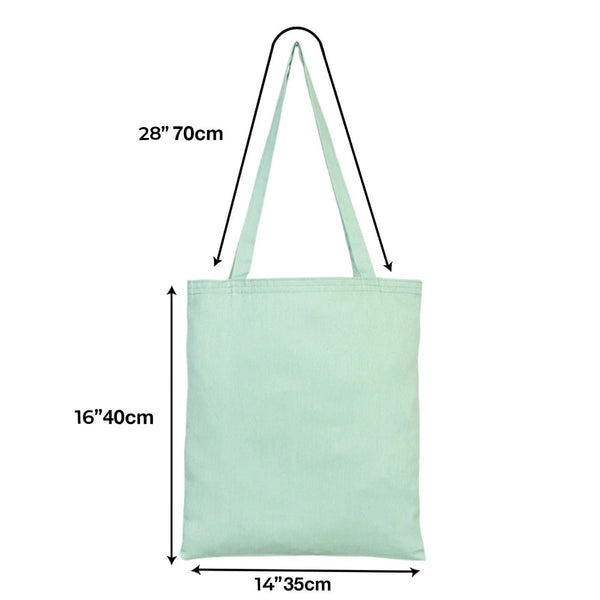 Mint green tote bag with measurements on a white background