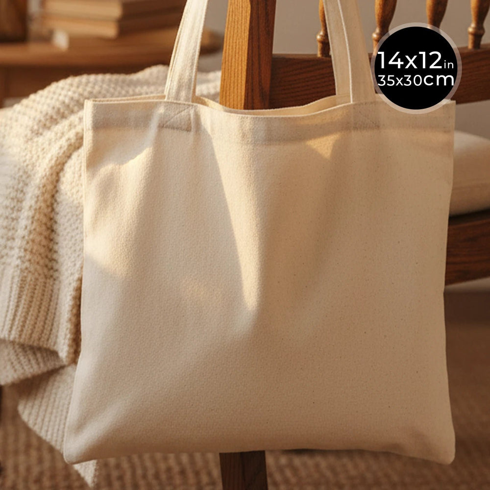 Beige tote bag on a wooden chair with size label