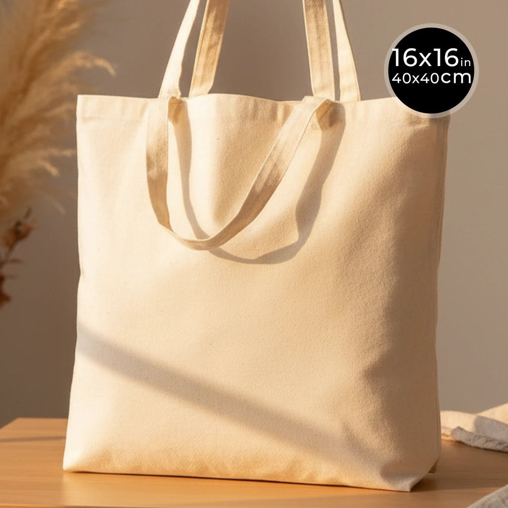 Beige tote bag on a wooden surface with a neutral background