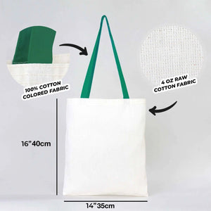 Green tote bag with labeled fabric types and dimensions on a white background