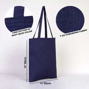 Navy blue tote bag with fabric details and measurements on a white background