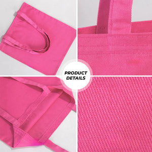 Close-up of a pink tote bag with product details text