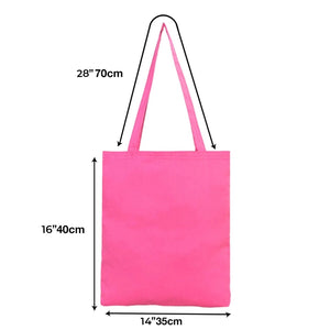 Pink tote bag with measurements on a white background