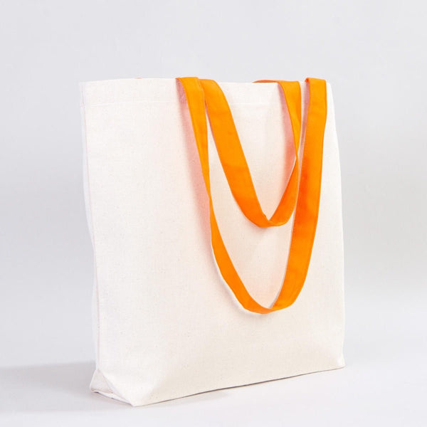 White tote bag with orange handles on a light gray background