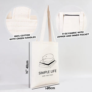 Tote bag with 'Simple Life' design and specifications on a gray background