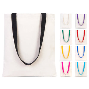 White tote bag with black handles and additional handles in various colors on a white background