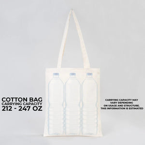 Tote bag with water bottle graphic and carrying capacity text on a gray background