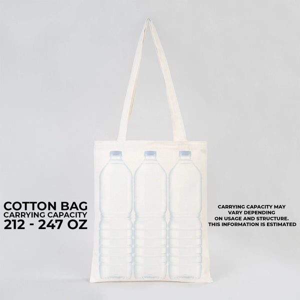 Tote bag with water bottle graphic and carrying capacity text on a gray background