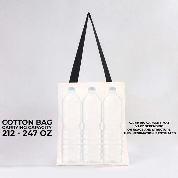 Tote bag with graphic of three bottles and text about carrying capacity on a light gray background