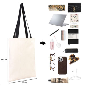 Collection of items including a tote bag, laptop, notebooks, phone, and other accessories on a white background.