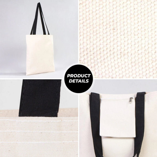 Collage of a tote bag with black straps on a textured white background