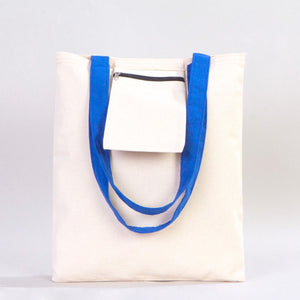 White tote bag with blue handles on a light gray background