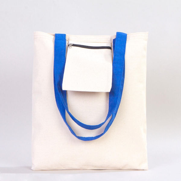 White tote bag with blue handles on a light gray background