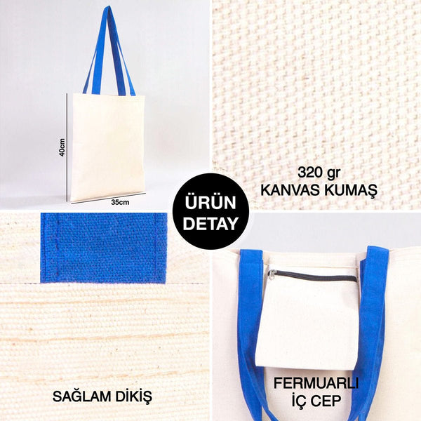 Canvas tote bag with blue handles and white body, showing dimensions and material details.