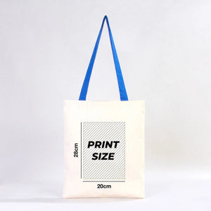 Tote bag with blue handle and print size measurement on a white background