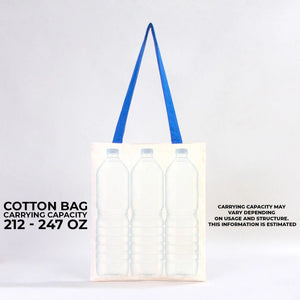 Tote bag with blue handle and graphic of bottles on a white background