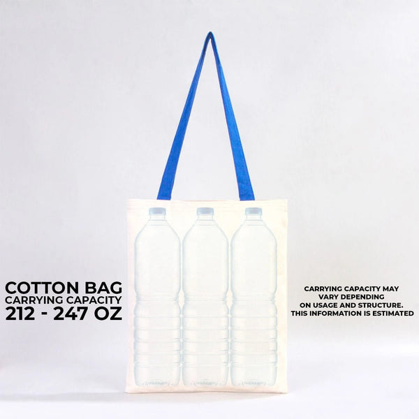 Tote bag with blue handle and graphic of bottles on a white background