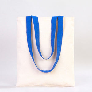 White tote bag with blue handles on a light gray background