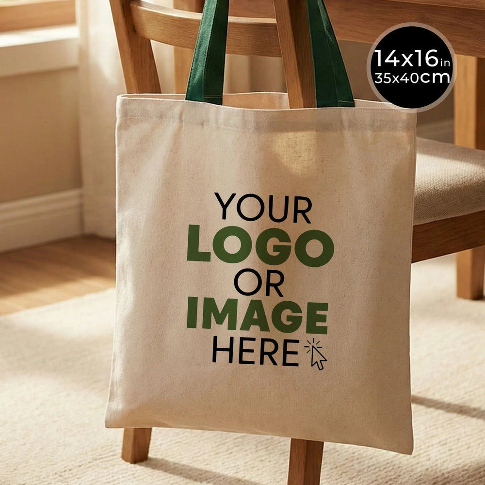 Beige tote bag with customizable text on a wooden chair
