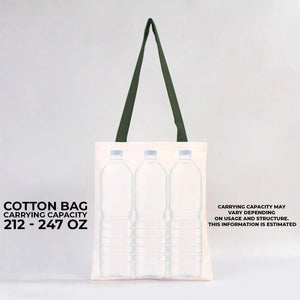 Tote bag with water bottle design and carrying capacity text on a white background