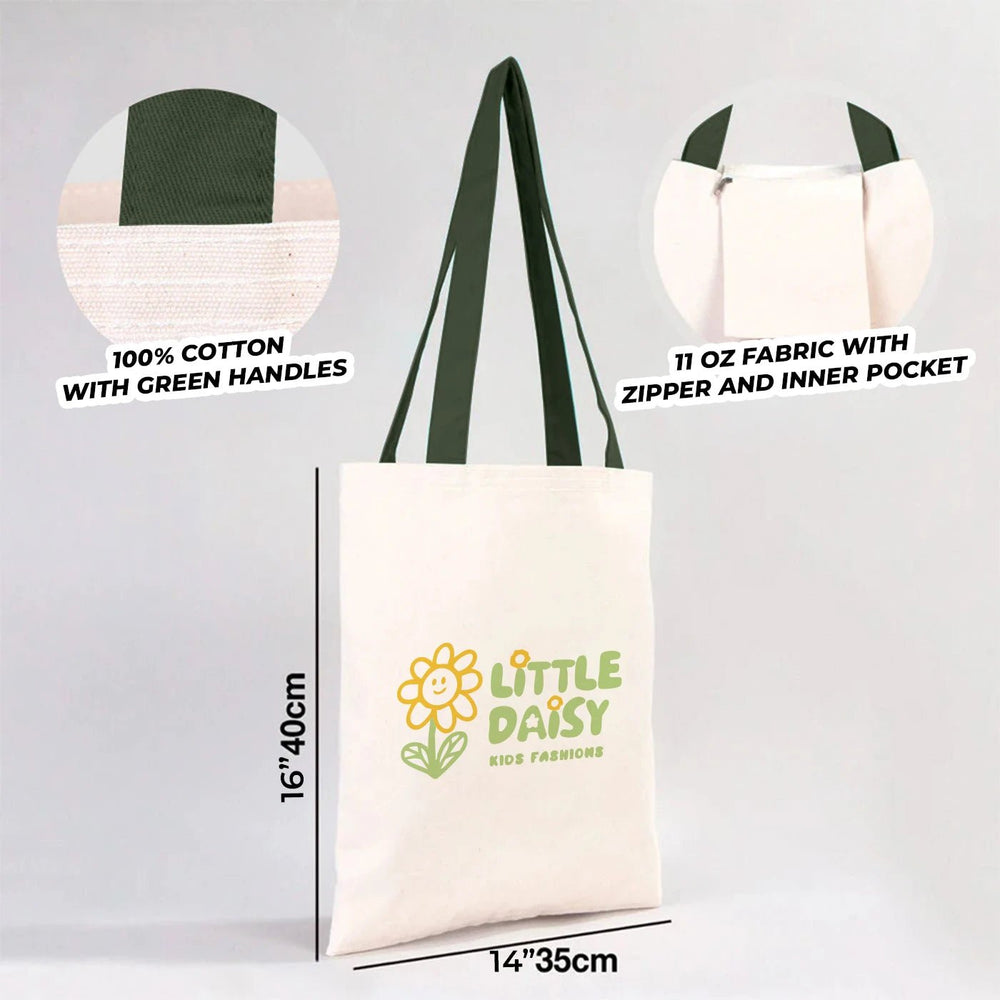 Beige tote bag with customizable text on a wooden chair
