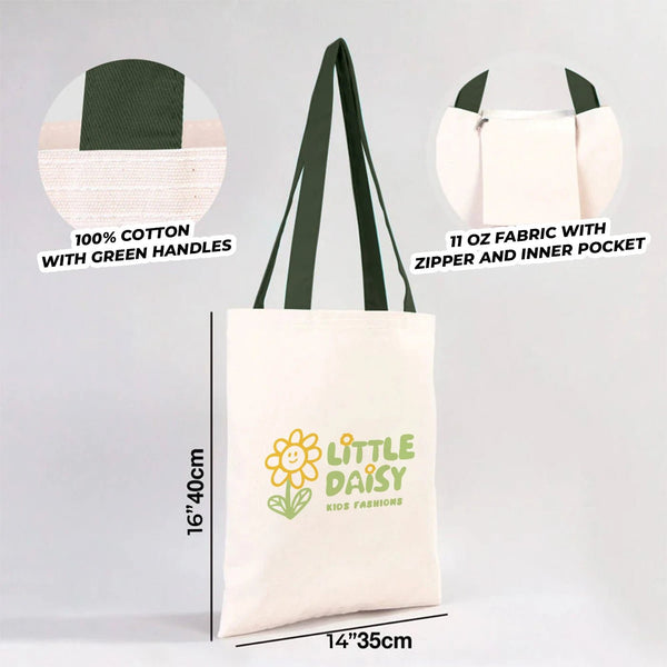 White tote bag with 'Little Daisy' branding, green handles, and text about fabric details.