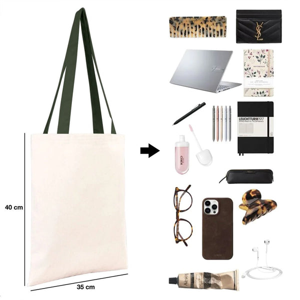 Collage of various items including a tote bag, laptop, notebooks, phone, and accessories on a white background.
