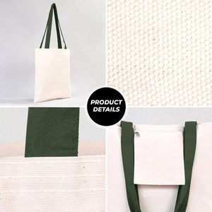 Collage of a tote bag with green straps and white body, showing texture and design details.