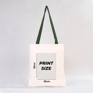 Tote bag with print size information on a white background