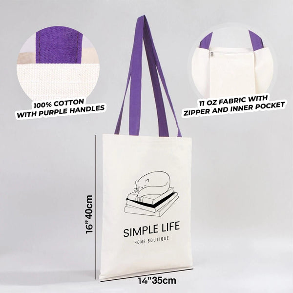 White tote bag with purple handles, featuring 'Simple Life Home Boutique' branding, on a light gray background.