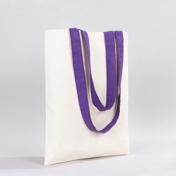 White tote bag with purple handles on a light gray background