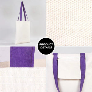 Collage of a white tote bag with purple straps on a light gray background.