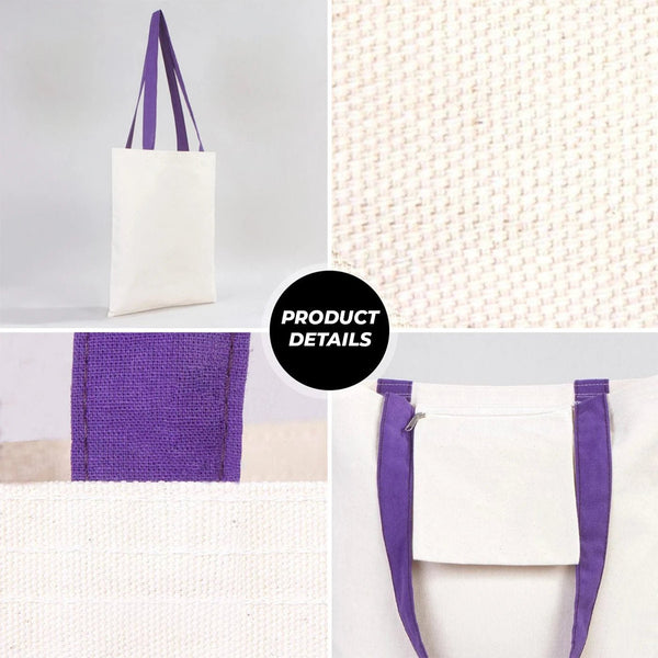 Collage of a white tote bag with purple straps on a light gray background.