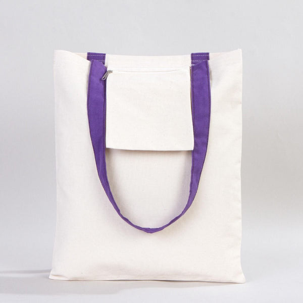White tote bag with purple handles on a light gray background