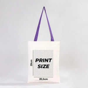 Tote bag with print size measurement details on a white background