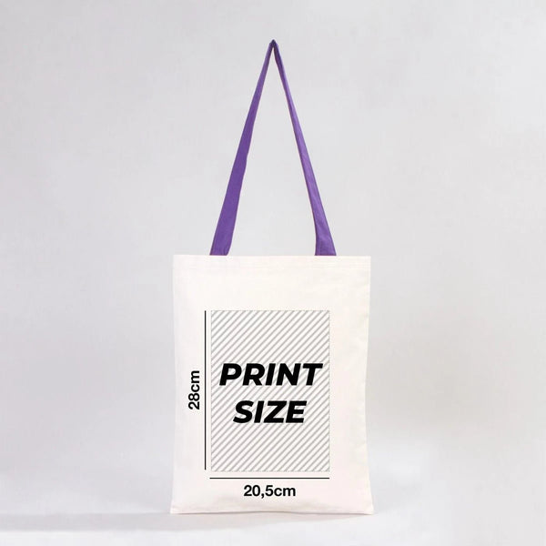 Tote bag with print size measurement details on a white background