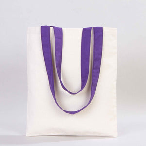 White tote bag with purple handles on a light gray background