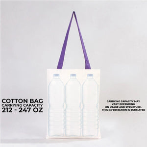 Tote bag with water bottle design and carrying capacity information on a gray background