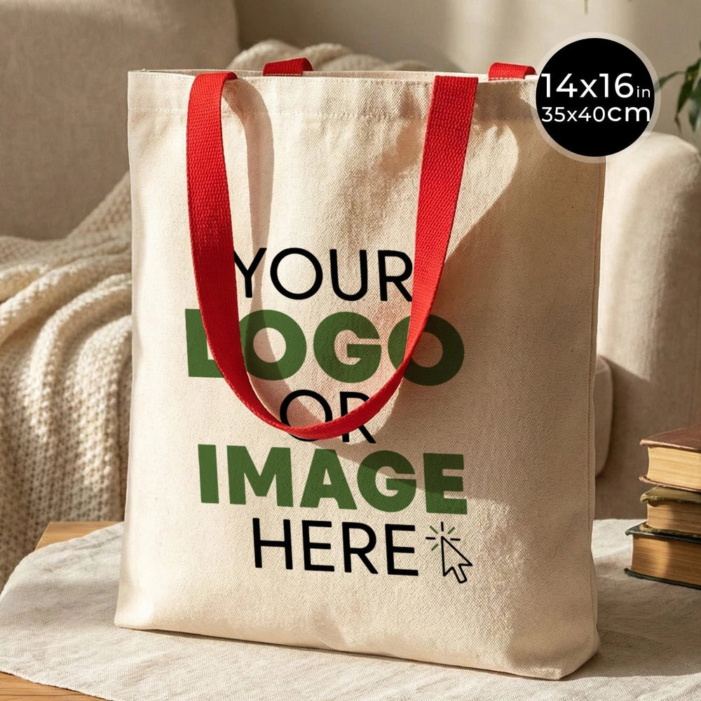 Beige tote bag with red handles on a neutral background