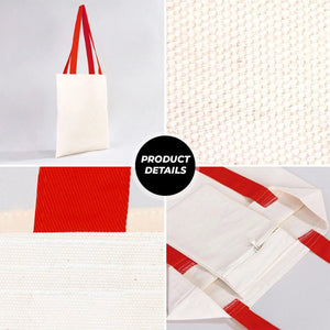 Product details of a white bag with red accents on a light gray background