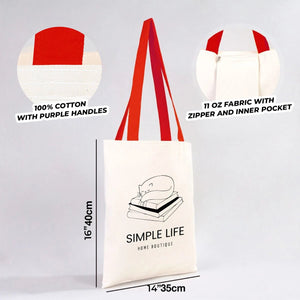 White tote bag with red handles and 'Simple Life' branding, showing fabric details and dimensions.