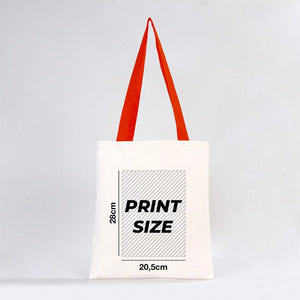 White tote bag with red handle and print size information on a light gray background