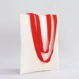 White tote bag with red handles on a light gray background