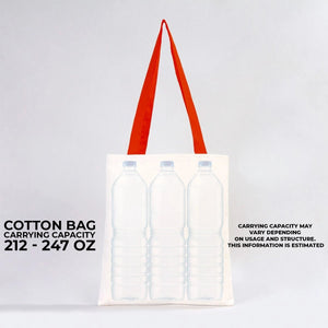 Tote bag with red strap and graphic of bottles on a white background