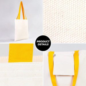 Collage of a white tote bag with yellow handles and trim, featuring close-up details on a light gray background.