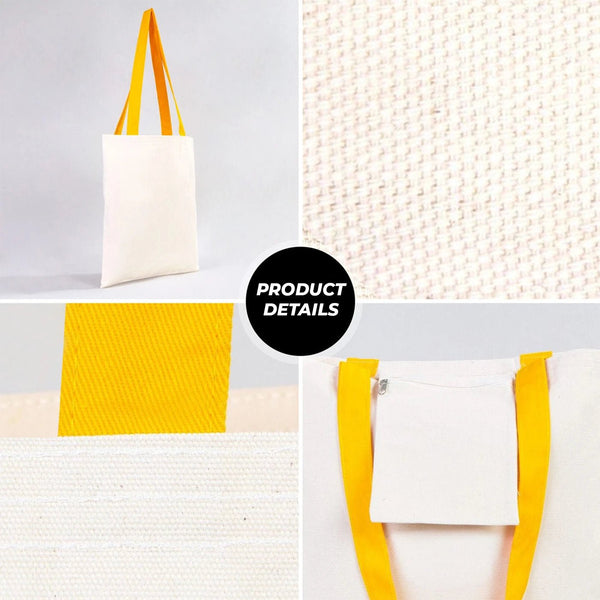 Collage of a white tote bag with yellow handles and trim, featuring close-up details on a light gray background.