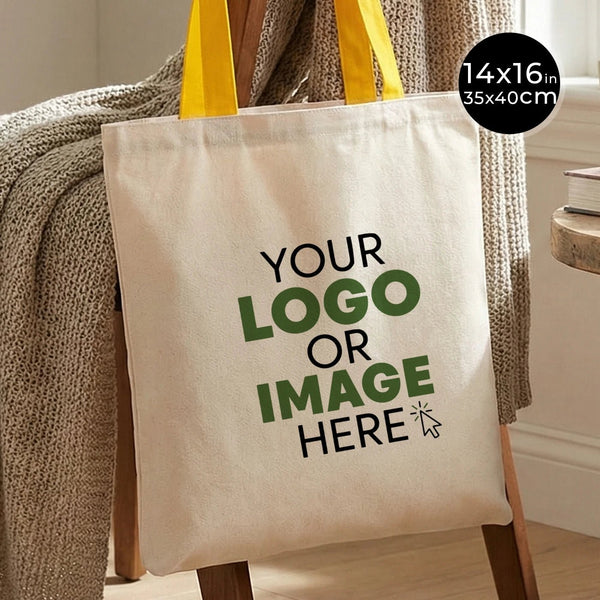 Beige tote bag with customizable text on a wooden stand