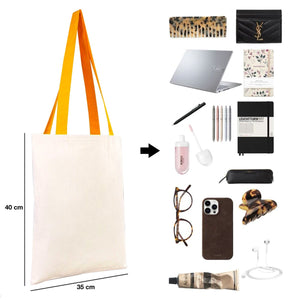 Collage of various items including a tote bag, laptop, notebooks, phone, and accessories on a white background.