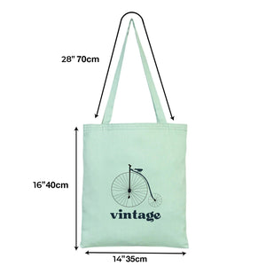 Mint green tote bag with bicycle design and measurements on a white background